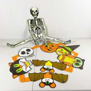 Vintage 1990s Halloween Paper Decor Skeleton Bats Pumpkin Witch